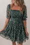 Floral Smocked Puff Sleeve A Line Mini Dress with Square Neck